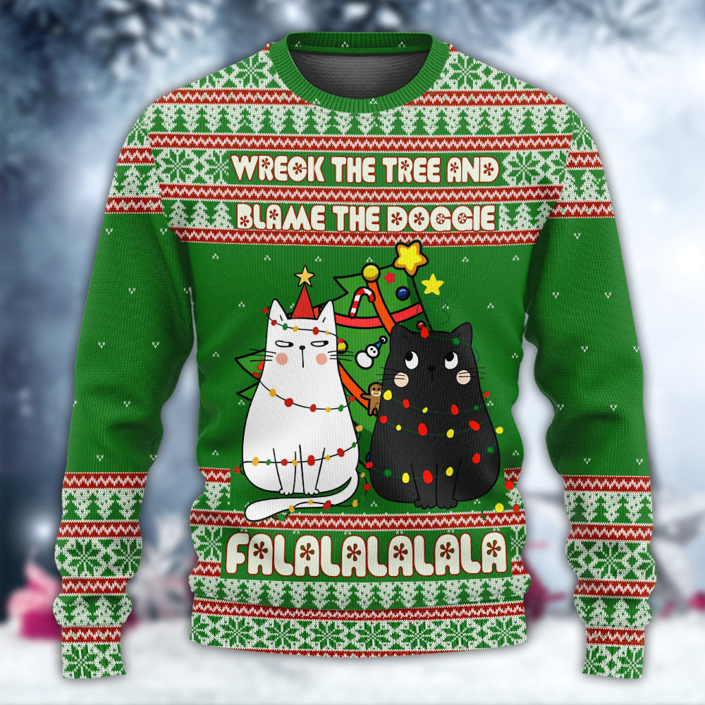 Cat Wrecks Tree Meowy Christmas Sweater For Winter Parties Seasonal Adventures And Relaxed Everyday Styling
