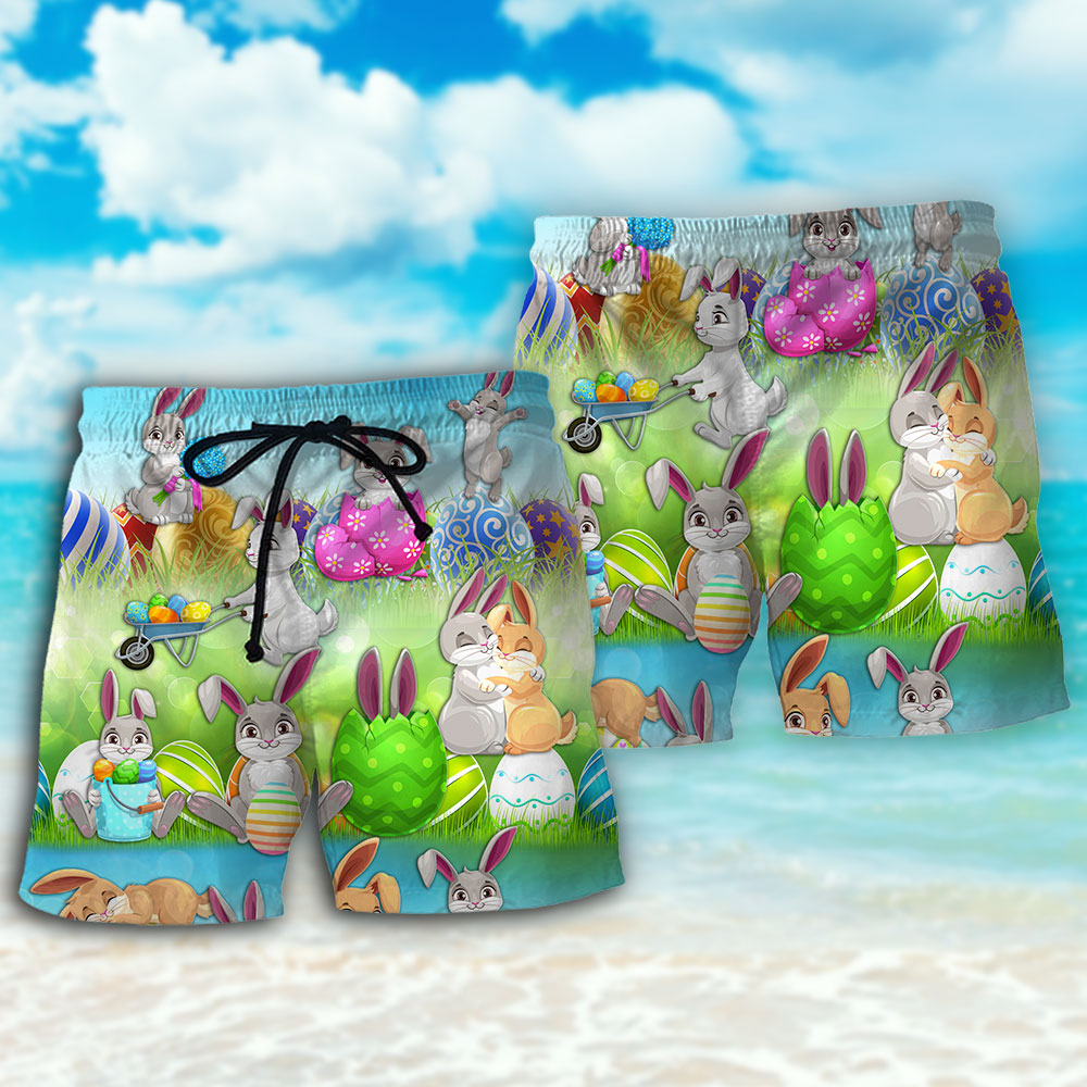 Easter Bunny Colorful Eggs Beach Shorts Pattern Detail For Poolside Fun And Warm Weather Wardrobe