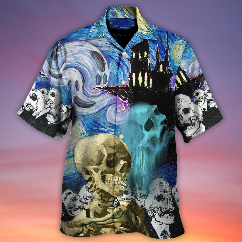 Skull Halloween Smoke Starry Night Boo Hawaiian Shirt Artwork Detail For Tropical Trips And Casual Outings