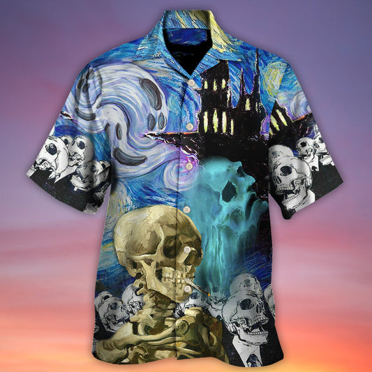 Skull Halloween Smoke Starry Night Boo Hawaiian Shirt Artwork Detail For Tropical Trips And Casual Outings