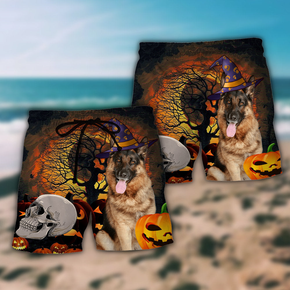 German Shepherd Halloween Beach Shorts Pattern Detail For Coastal Leisure And Relaxed Casual Style
