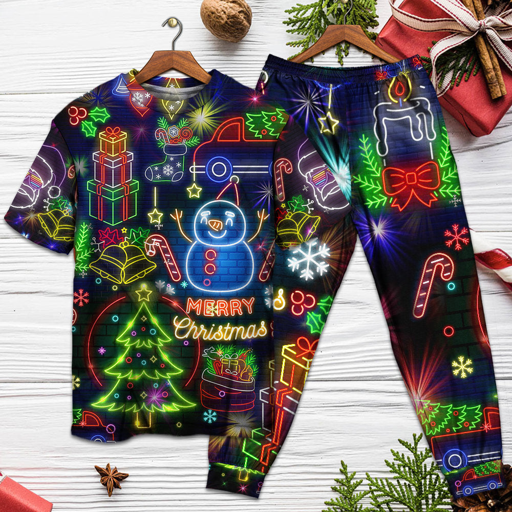 Bright Neon Christmas Lights Short Sleeve Pajamas Set For Winter Nights And Thoughtful Gifting