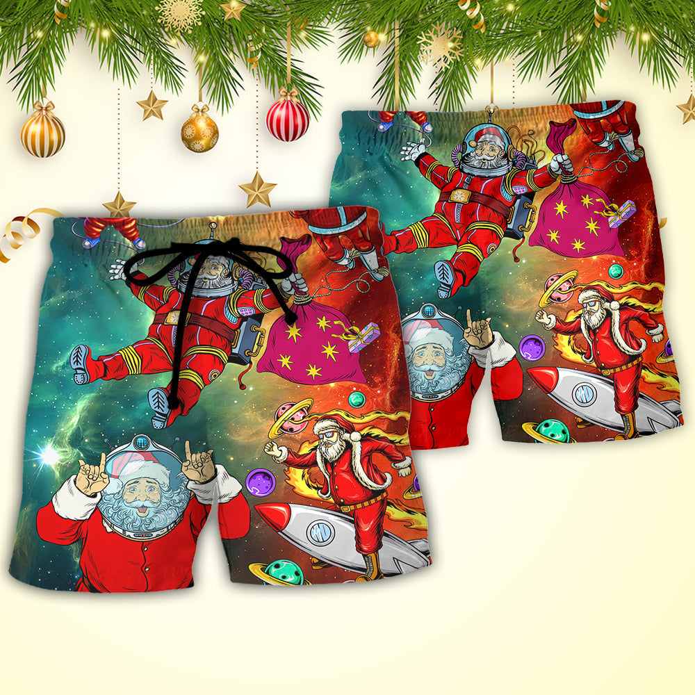 Christmas Galaxy Santa Astronaut Beach Shorts Pattern Detail For Summer Travel And Bright Seasonal Outfits
