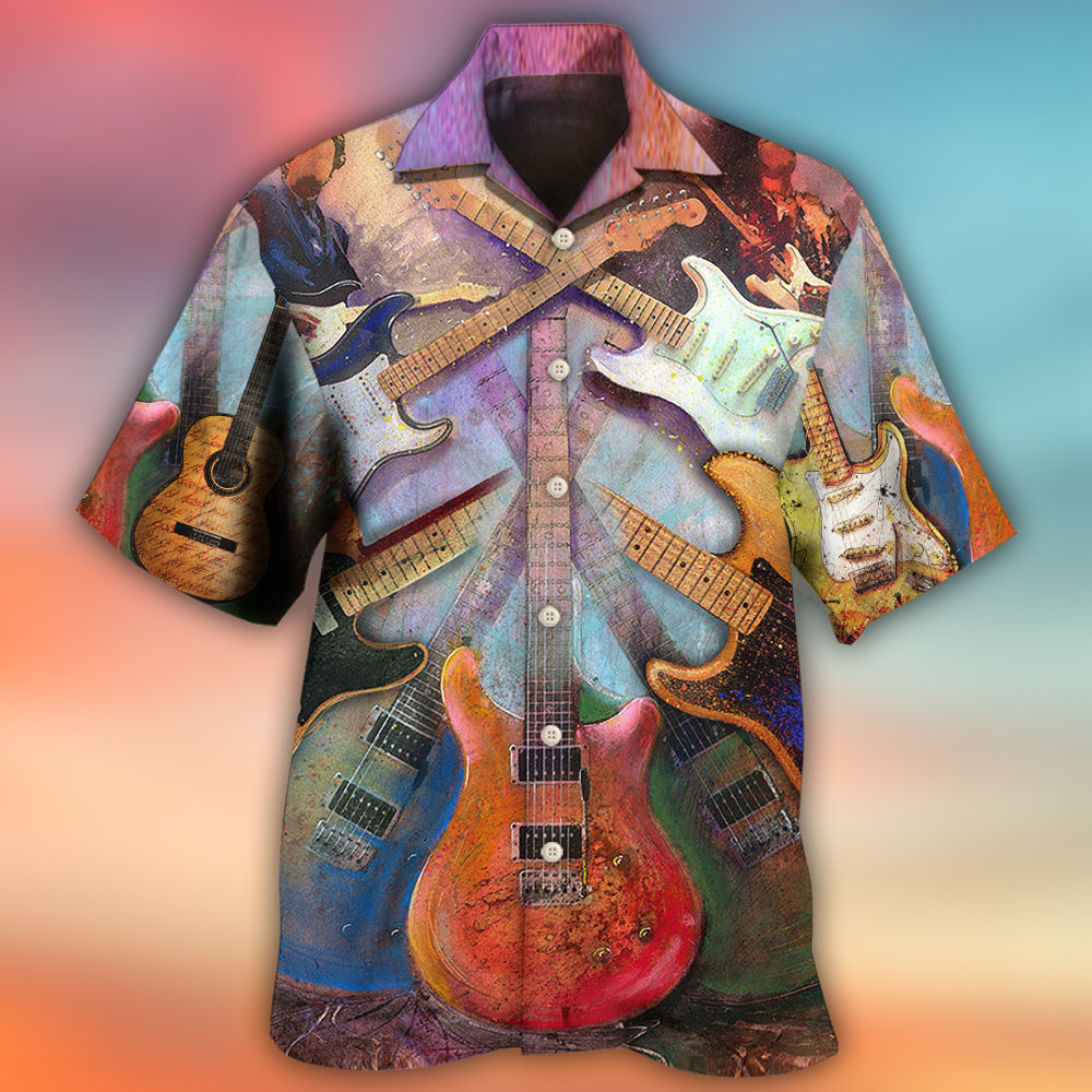 Abstract Colorful Guitar Music Hawaiian Shirt Detailed Pattern View For Summer Travel