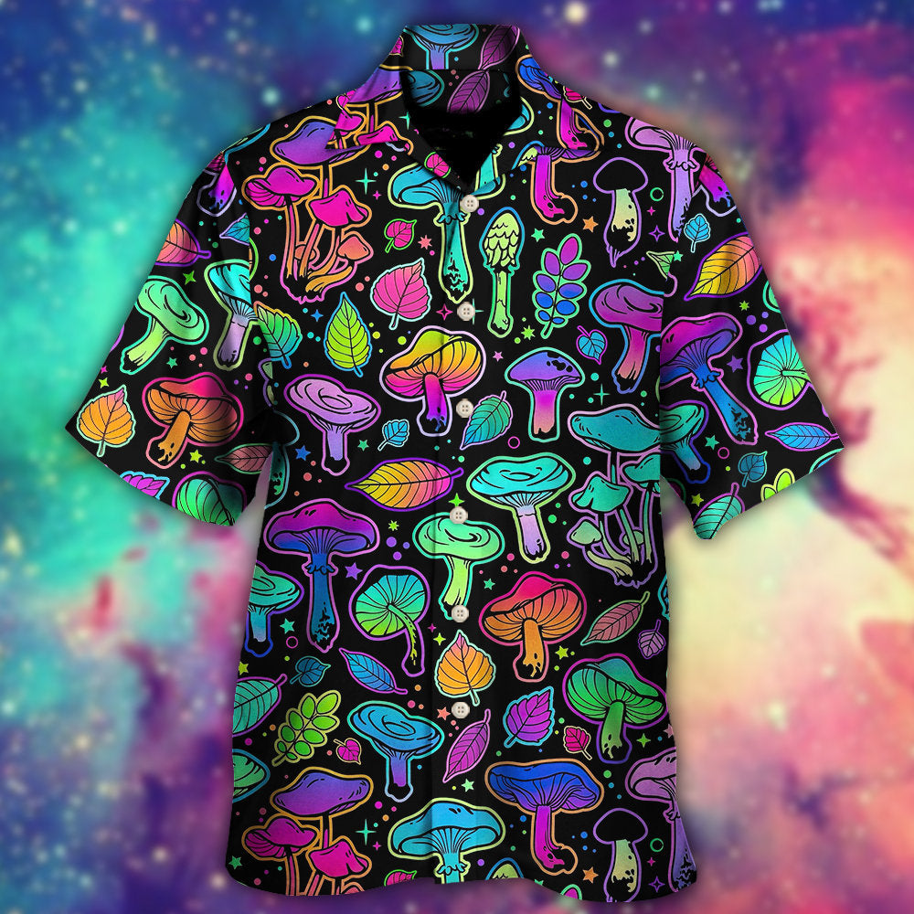 Neon Colorful Mushroom Bright Leaf Hawaiian Shirt Design Detail For Beach Days And Holiday Travel