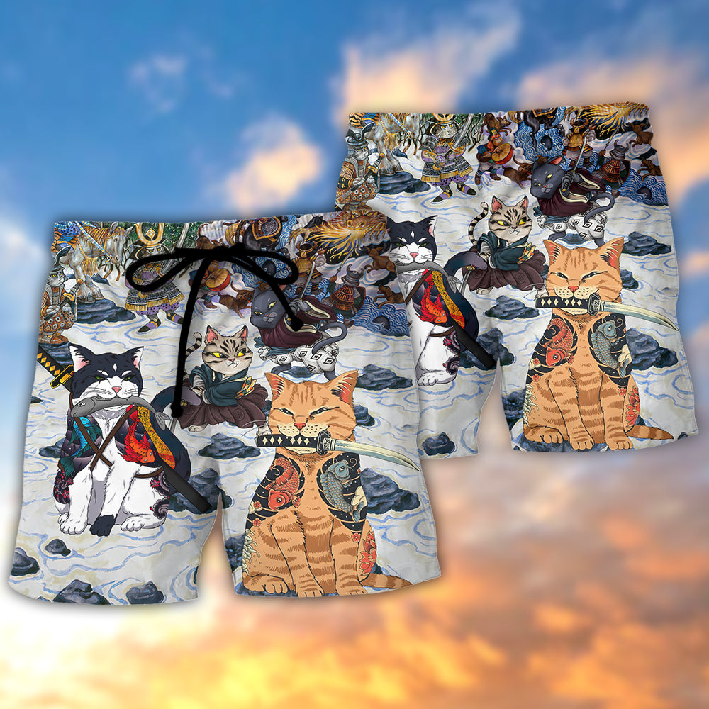 Samurai Cats Peaceful Philosophy Beach Shorts Print View For Coastal Escapes And Casual Outings