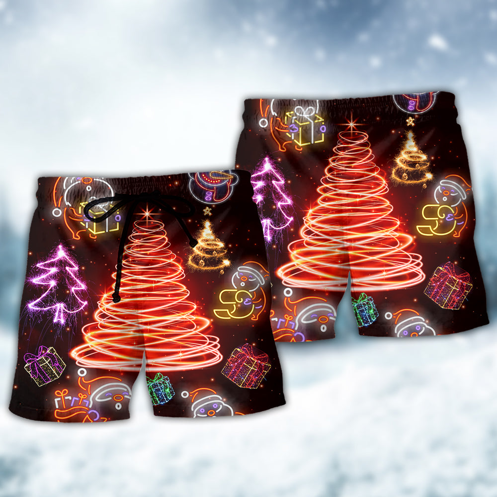 Funny Santa Tree Red Neon Beach Shorts Artwork View For Seaside Trips And Casual Style