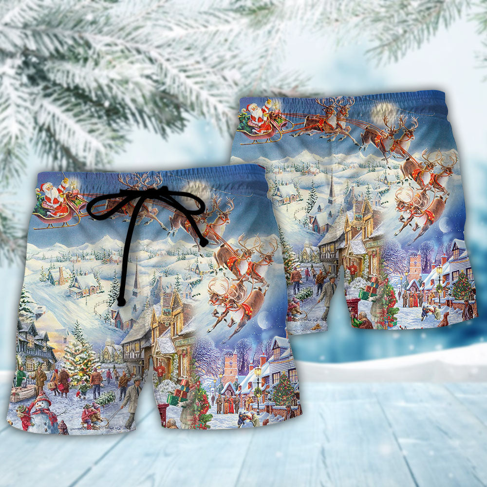 Santa And Reindeer Festive Christmas Joy Beach Shorts Design View For Summer Events And Coastal Getaways