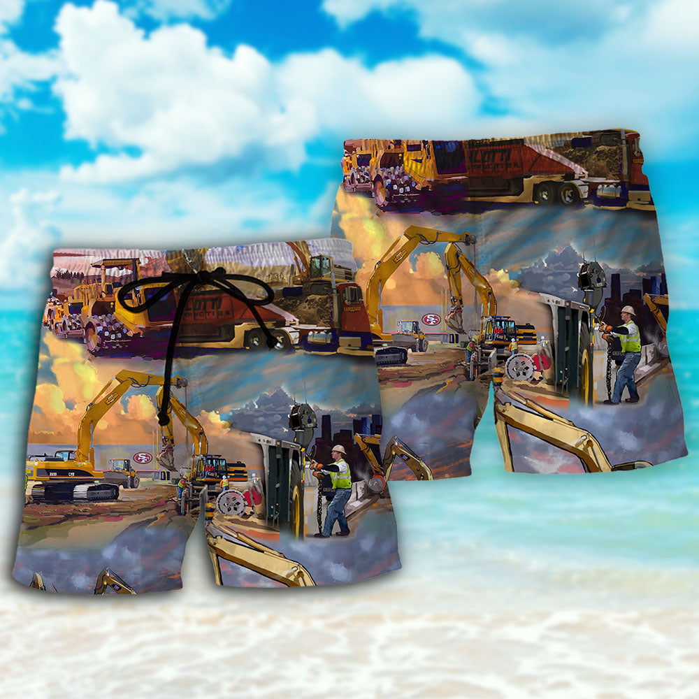 Construction Crane Industrial Beach Shorts For Summer Vacation And Coastal Travel