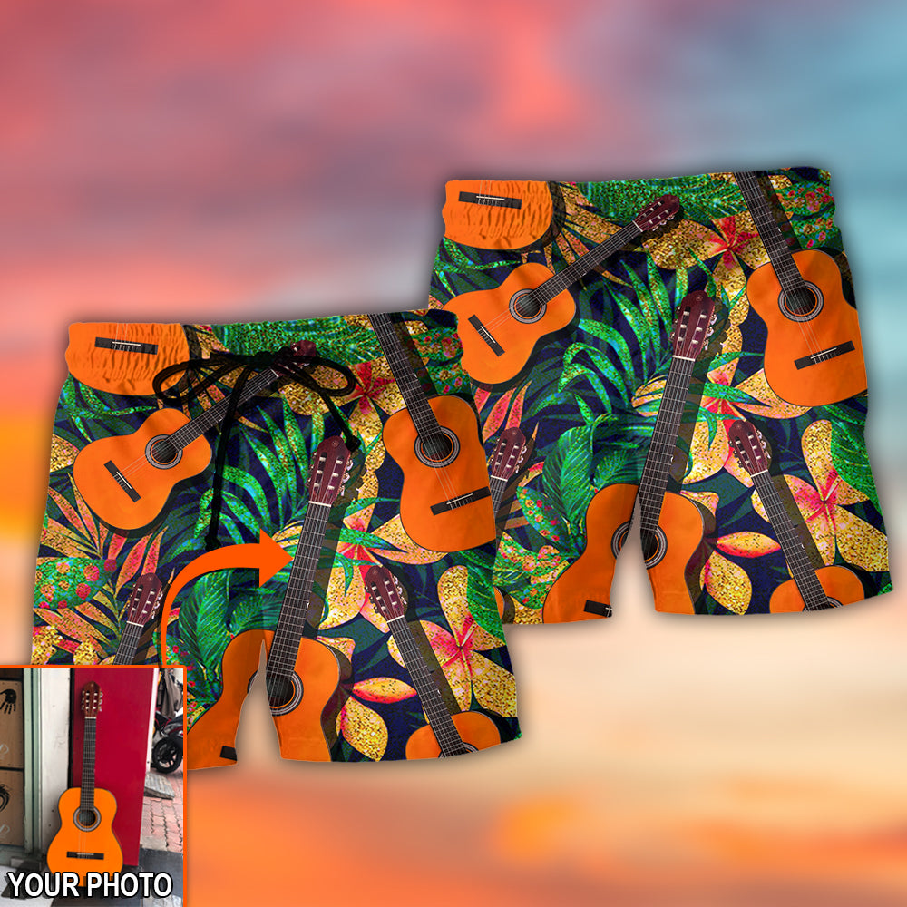 Guitar Various Style Tropical Floral Personalized Photo Beach Shorts Pattern Detail For Relaxed Warm Weather Outfits