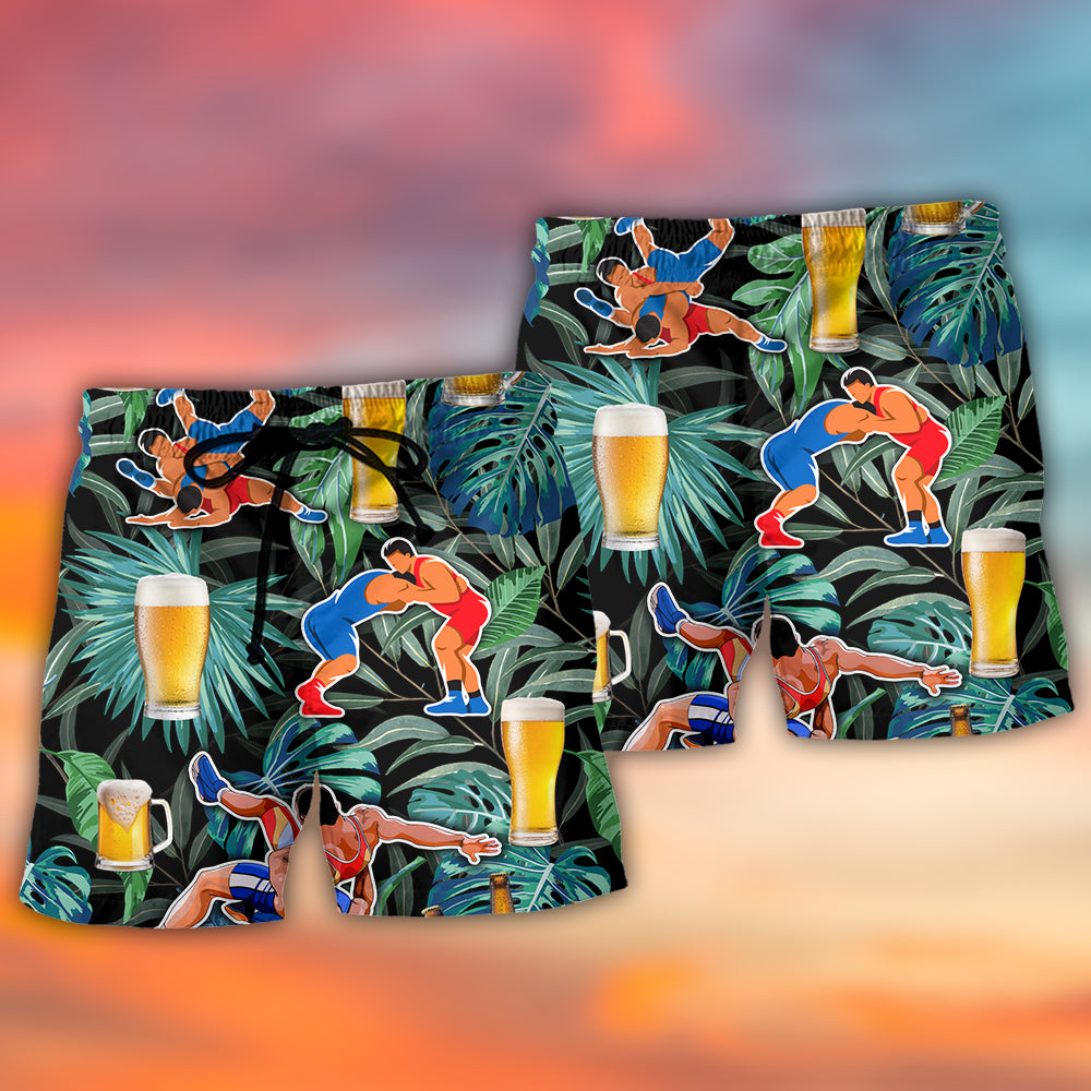 Tropical Beer Wrestling Beach Shorts Pattern Detail For Poolside Fun And Thoughtful Gift Giving