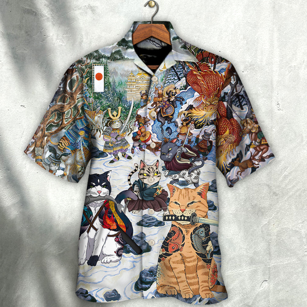 Samurai Cats Small Measure Peace Hawaiian Shirt Artwork Detail For Resort Trips And Outdoor Activities