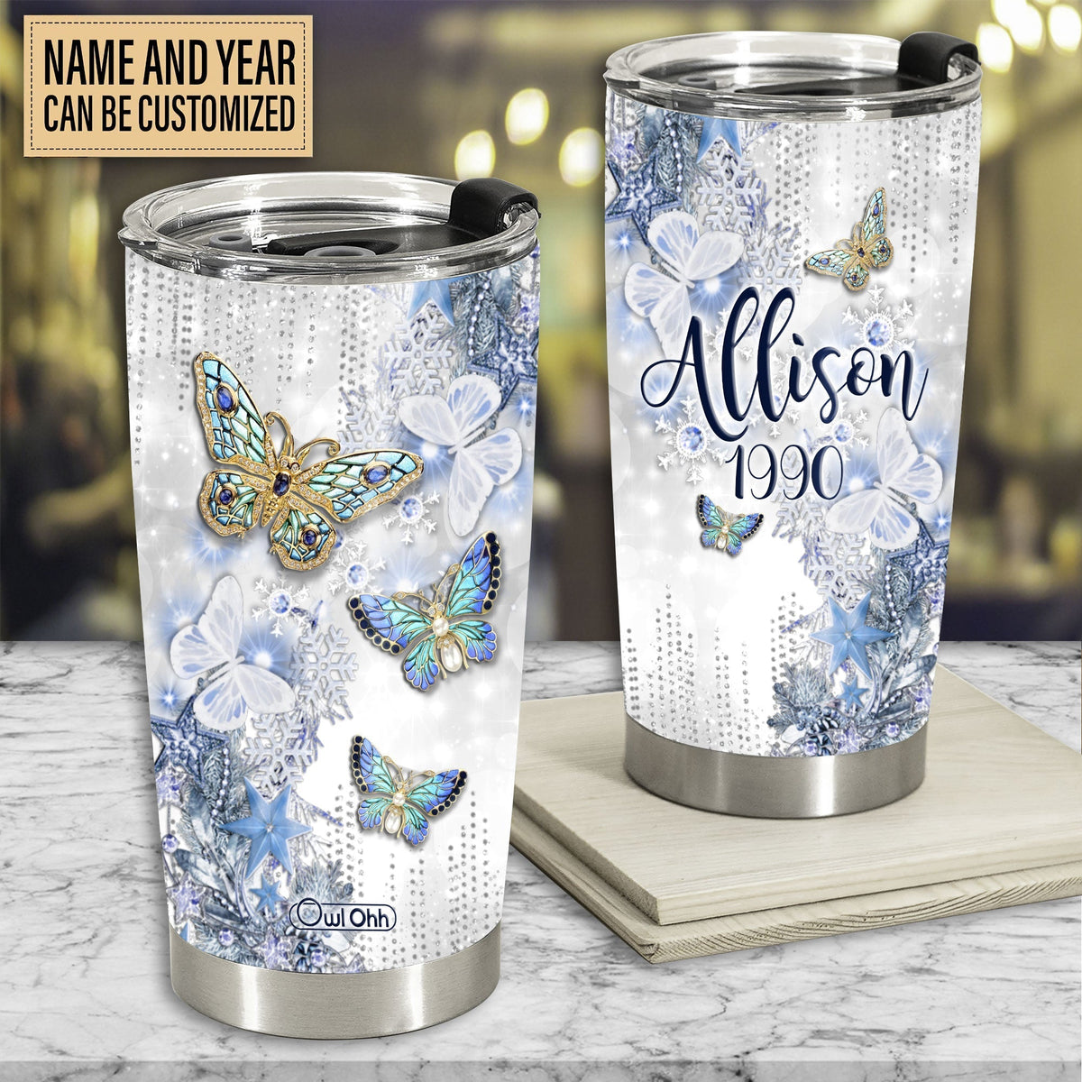Butterfly Family Jewelry Golden Personalized 20 Oz Tumbler For Coffee Travel And Daily Drinks