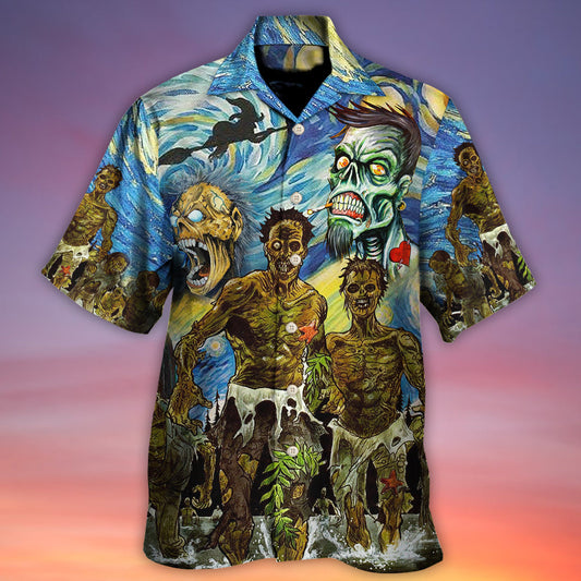 Funny Zombie Halloween Starry Night Boo Hawaiian Shirt For Beach Parties And Weekend Getaways