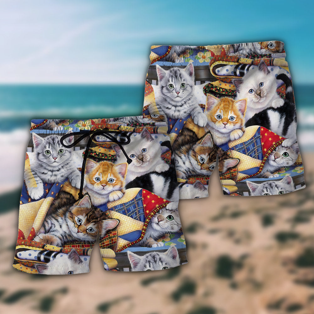 Cute Kitten Sweet Beach Shorts Pattern Detail For Cruise Vacations And Flexible Everyday Wear