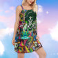 Hippie Skull Alien V-Neck Sleeveless Cami Dress For Vacations And Artistic Everyday Fashion