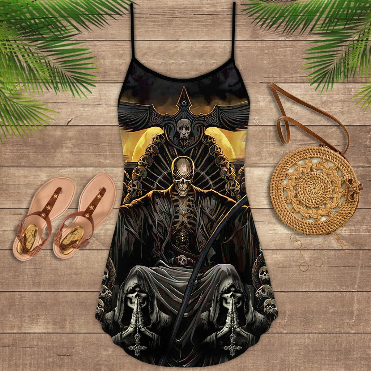 Skull Grim Reaper Dark V-Neck Sleeveless Cami Dress For Alternative Festivals And Bold Summer Style