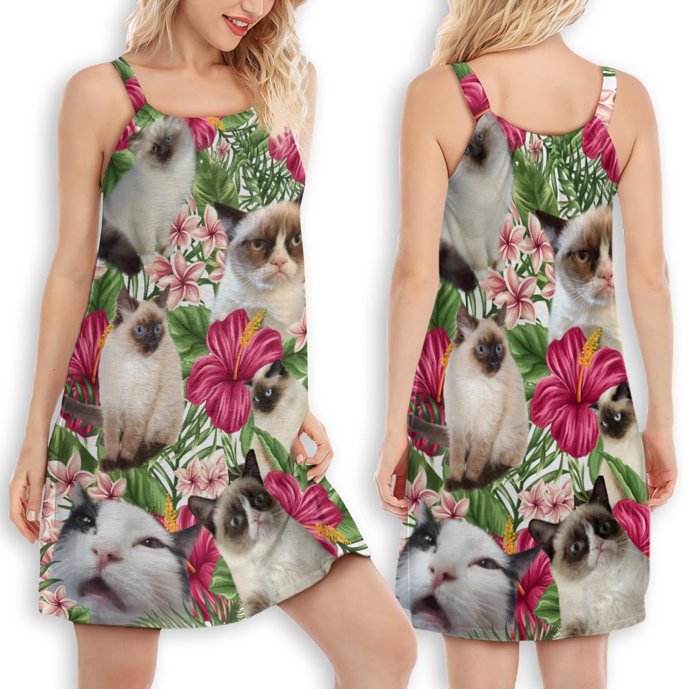 Cat Tropical Floral Siamese V-Neck Sleeveless Cami Dress For Ocean Lovers And Sunny Getaways