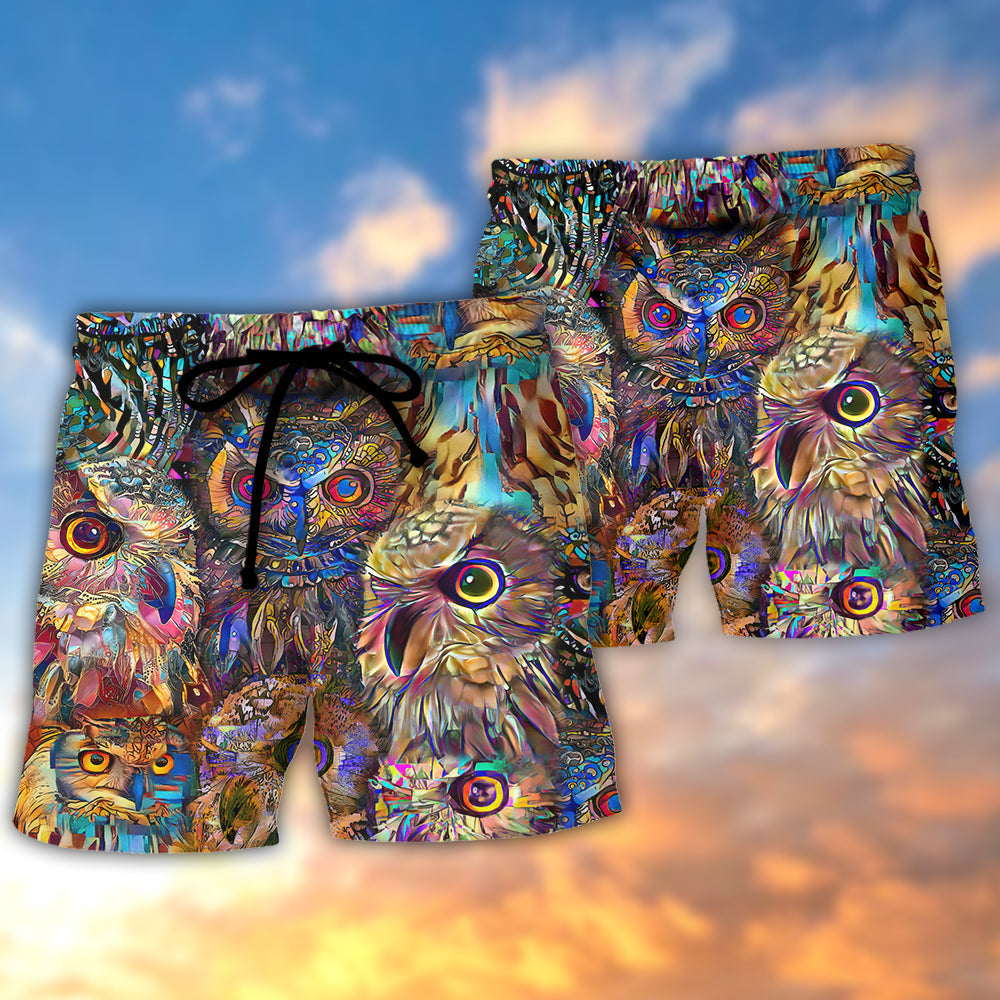 Neon Owl Colorful Wildlife Beach Shorts Design Detail For Weekend Getaways And Beach Days
