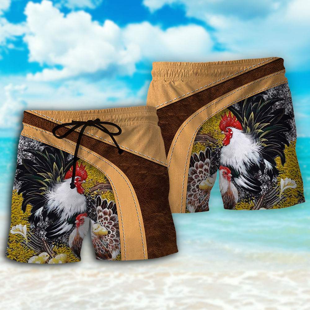 Old Rooster And Cute Chick Farm Beach Shorts For Beach Trips And Relaxed Vacation Styling