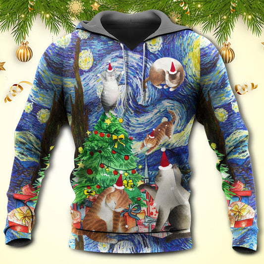 Christmas Cat Playing Starry Night Hoodie For Seasonal Parties Casual Wear And Thoughtful Holiday Gifts