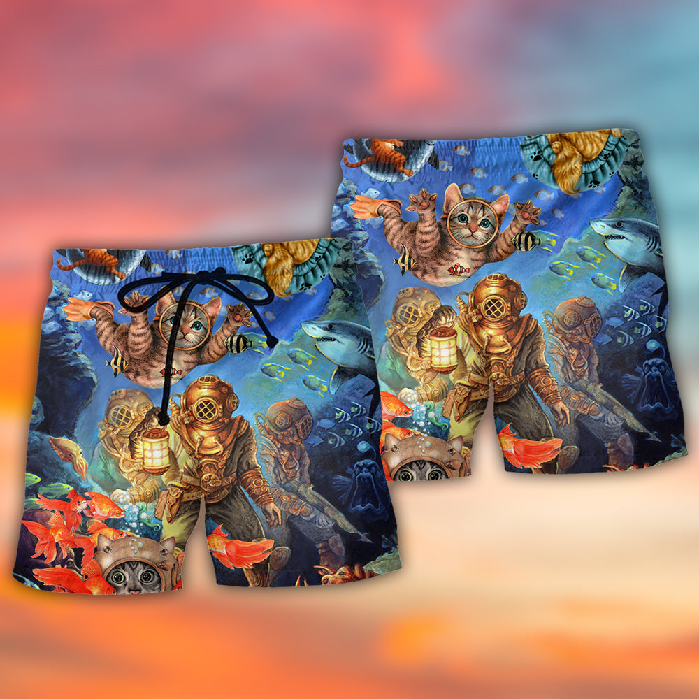 Diving Cat Underwater Beach Shorts Pattern Detail For Relaxed Weekends And Warm Weather Wardrobe
