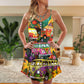 Hippie Bus Peace Life Colorful V-Neck Sleeveless Cami Dress For Festivals Travel And Relaxed Casual Summer Wear