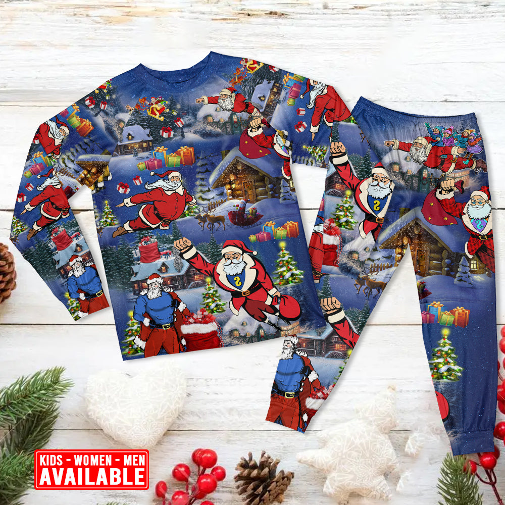 Flying Santa Christmas Long Sleeve Pajamas Set For Holiday Travel And Comfortable Home Wear
