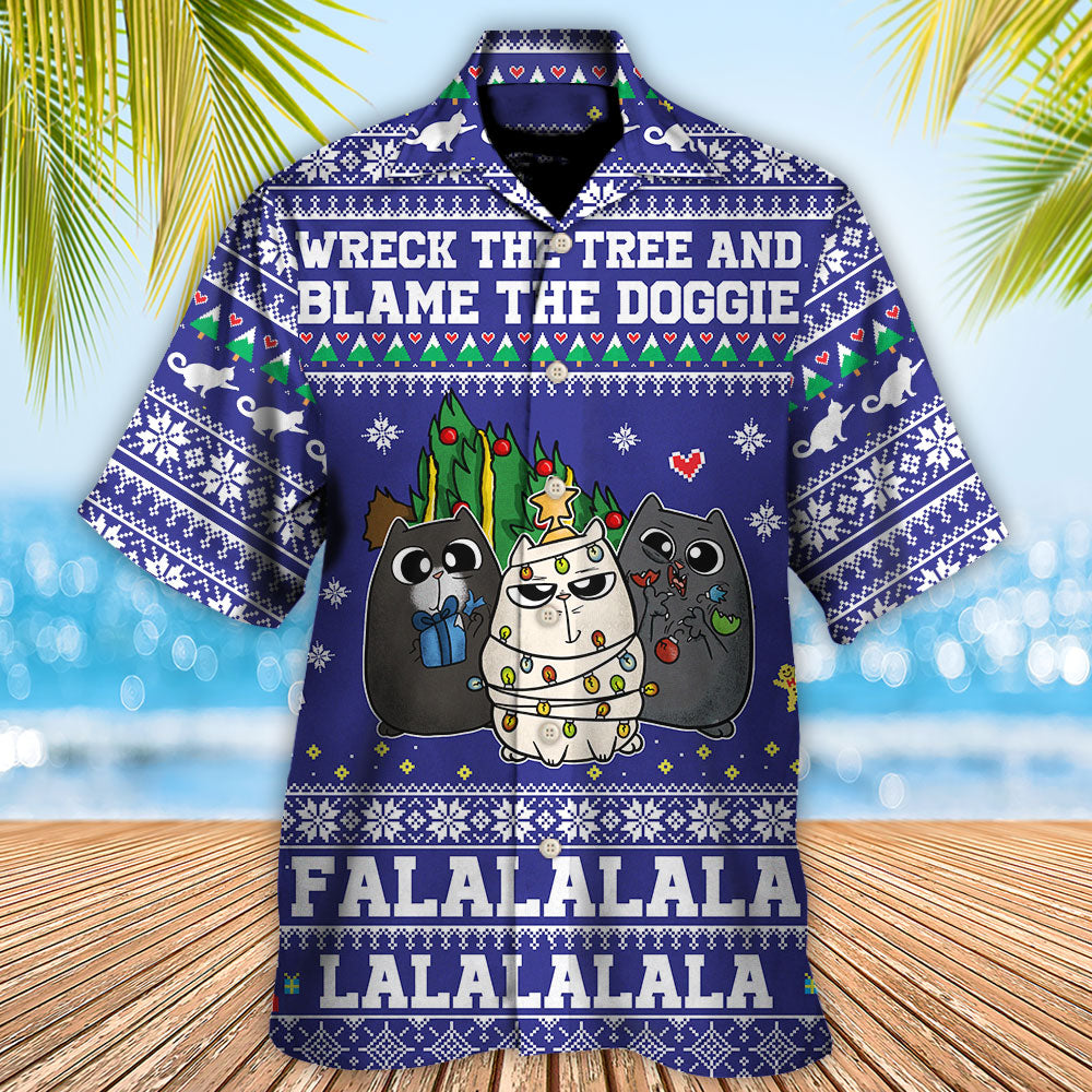 Cat Wreck Tree Meowy Christmas Hawaiian Shirt Pattern View For Relaxed Warm Weather Outfits