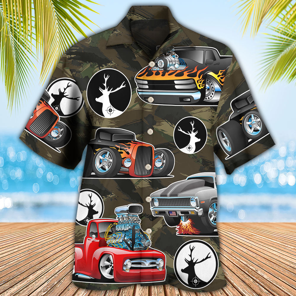 Hunting Hot Rods Hawaiian Shirt For Resort Getaways And Comfortable Summer Activities