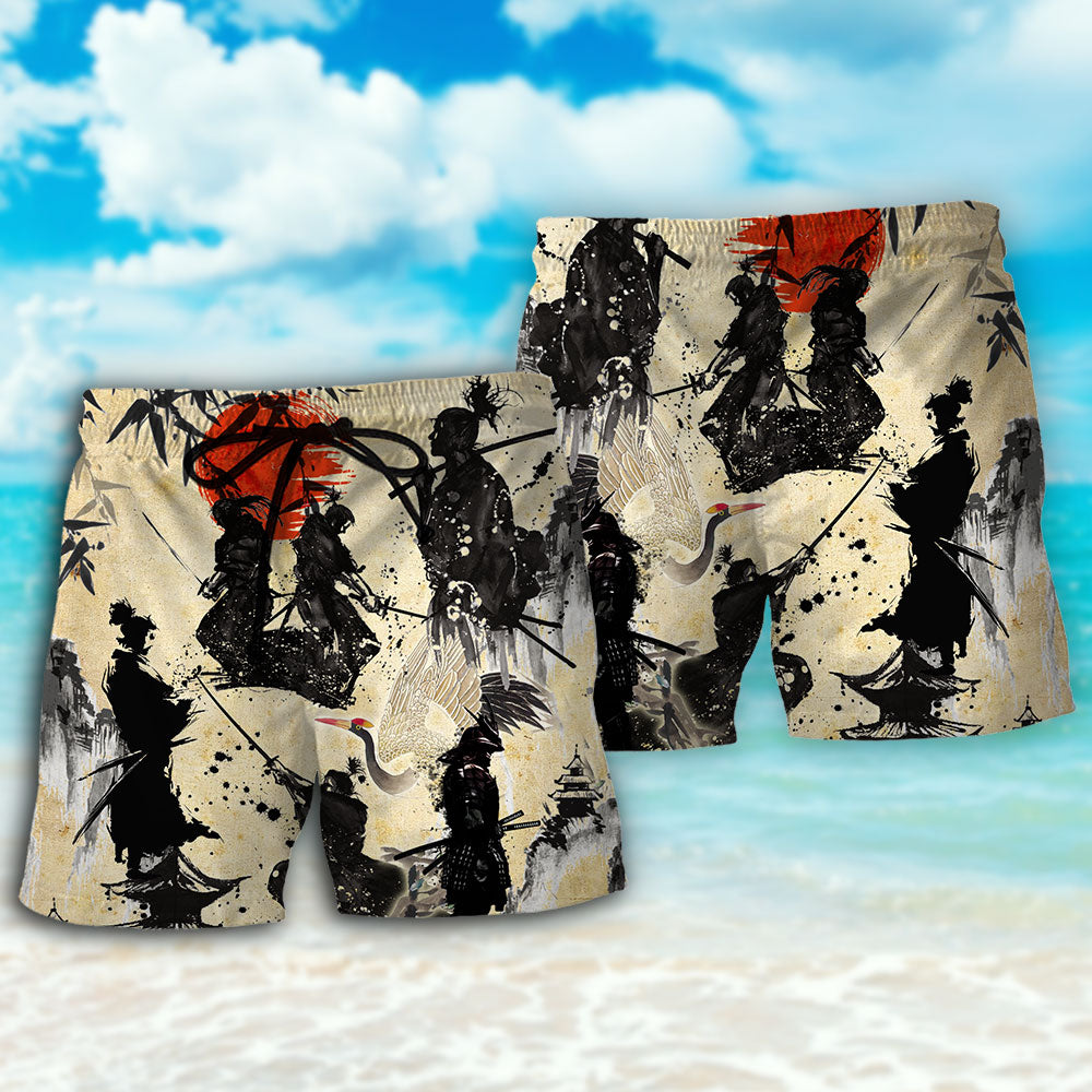 Samurai Mountain Sketch Beach Shorts Pattern Detail For Leisure Travel And Comfortable Daily Wear