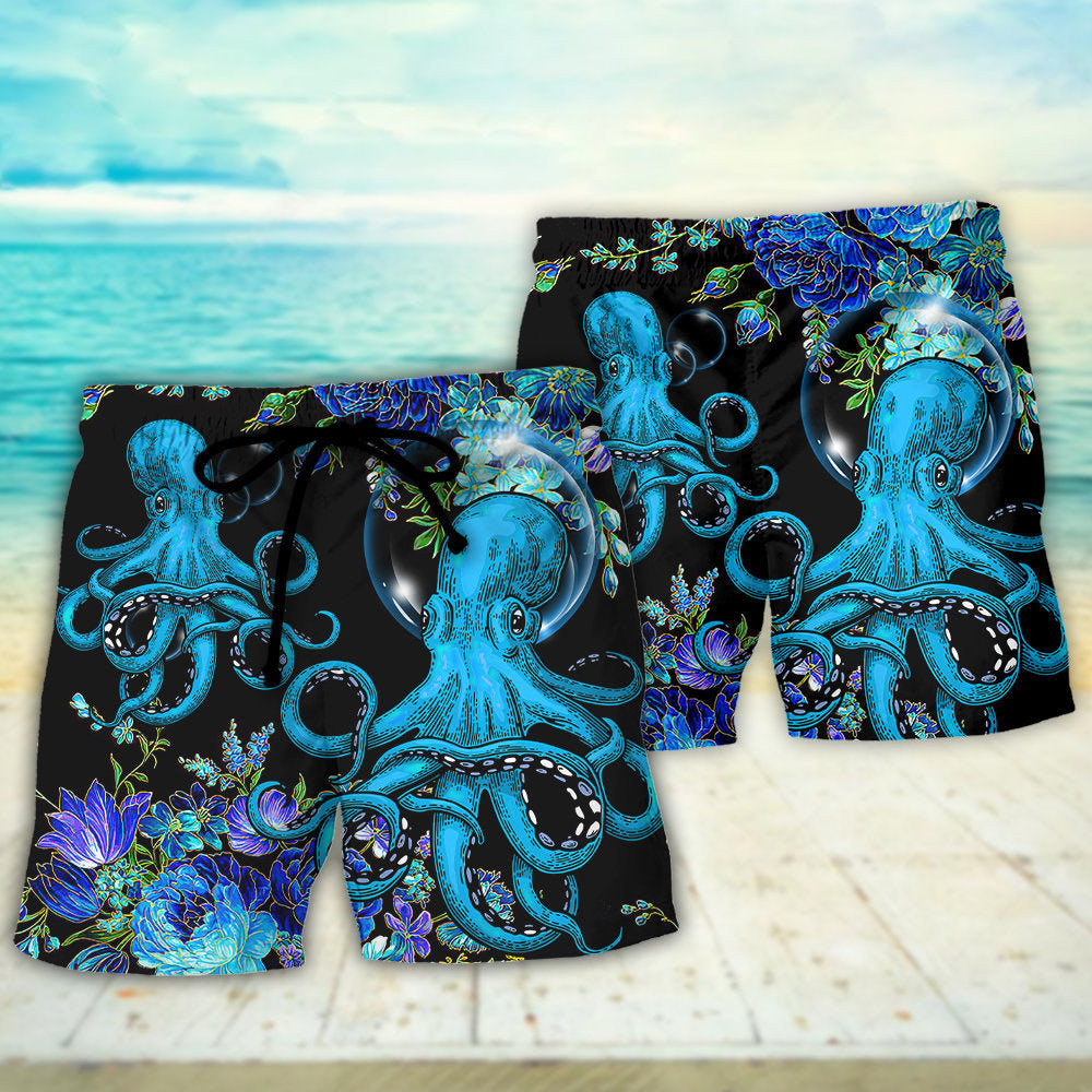 Octopus With Flowers Beautiful Day Beach Shorts Artwork Detail For Tropical Travel And Everyday Wear
