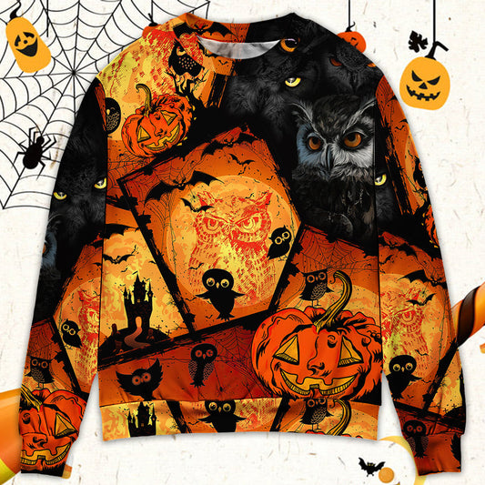 Halloween Owl Pumpkin Night Sweater For Art Lovers Holidays Parties And Comfortable Wear