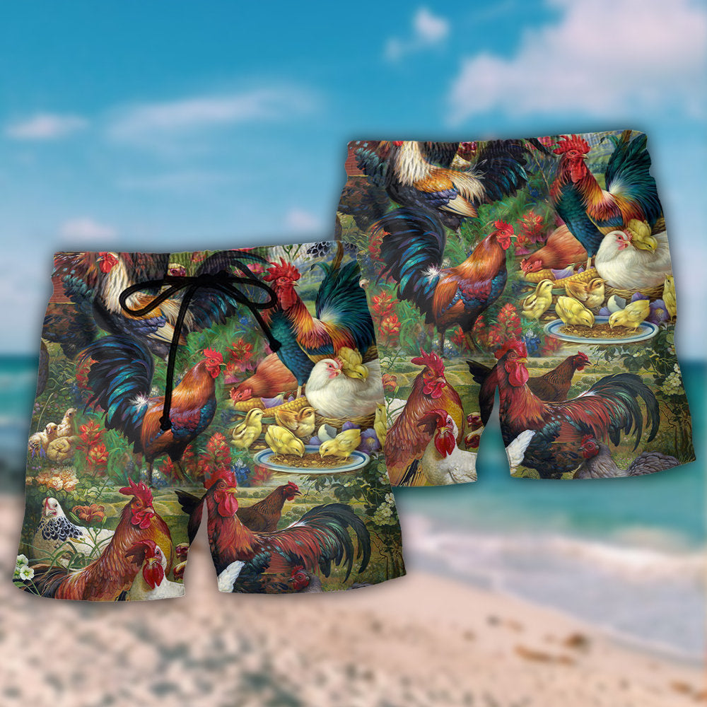 Retro Chicken Lover Vintage Background Beach Shorts Artwork View For Seaside Trips And Casual Style
