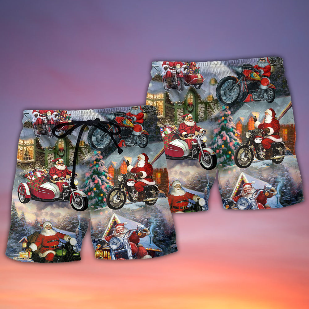 Santa Motorcycle Ride Holiday Lights Beach Shorts For Resort Travel And Thoughtful Summer Gifting