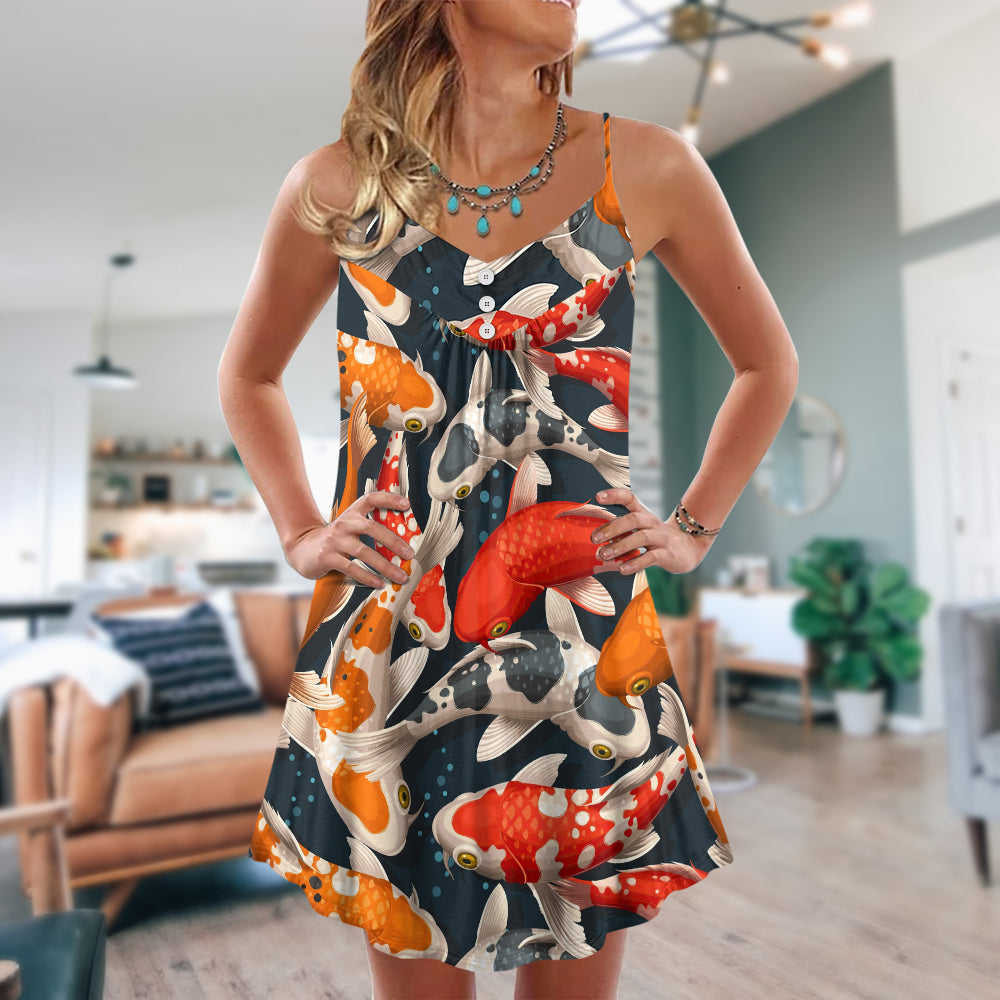 Colorful Koi Fish Swimming V-Neck Sleeveless Cami Dress For Summer Events And Comfortable Everyday Style