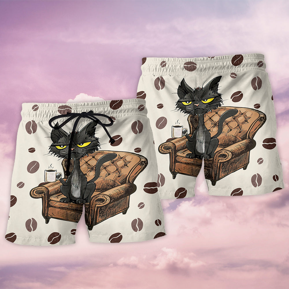 Coffee Black Cat Lover Beach Shorts For Beach Trips And Relaxed Vacation Styling