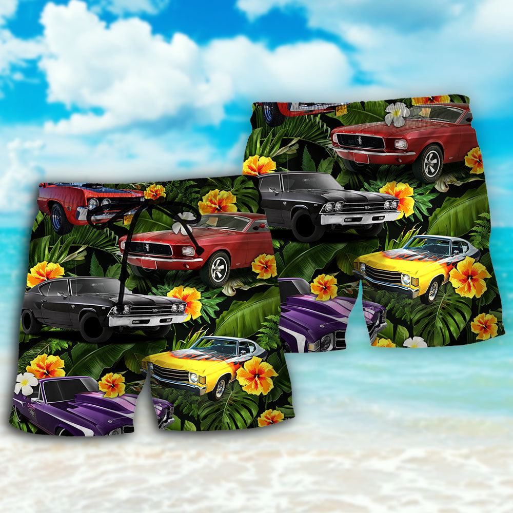 Muscle Car Tropical Vibe Beach Shorts Print Detail For Beach Activities And Vacation Wear