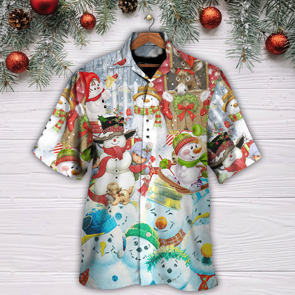 Happy Snowman Christmas Farm Hawaiian Shirt Artwork Detail For Resort Trips And Outdoor Activities