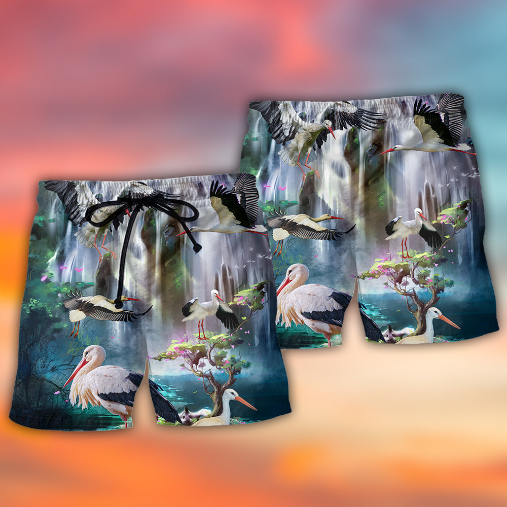 Stork Dreamy Waterfall Bird Beach Shorts Design View For Comfortable Resort And Beach Styling