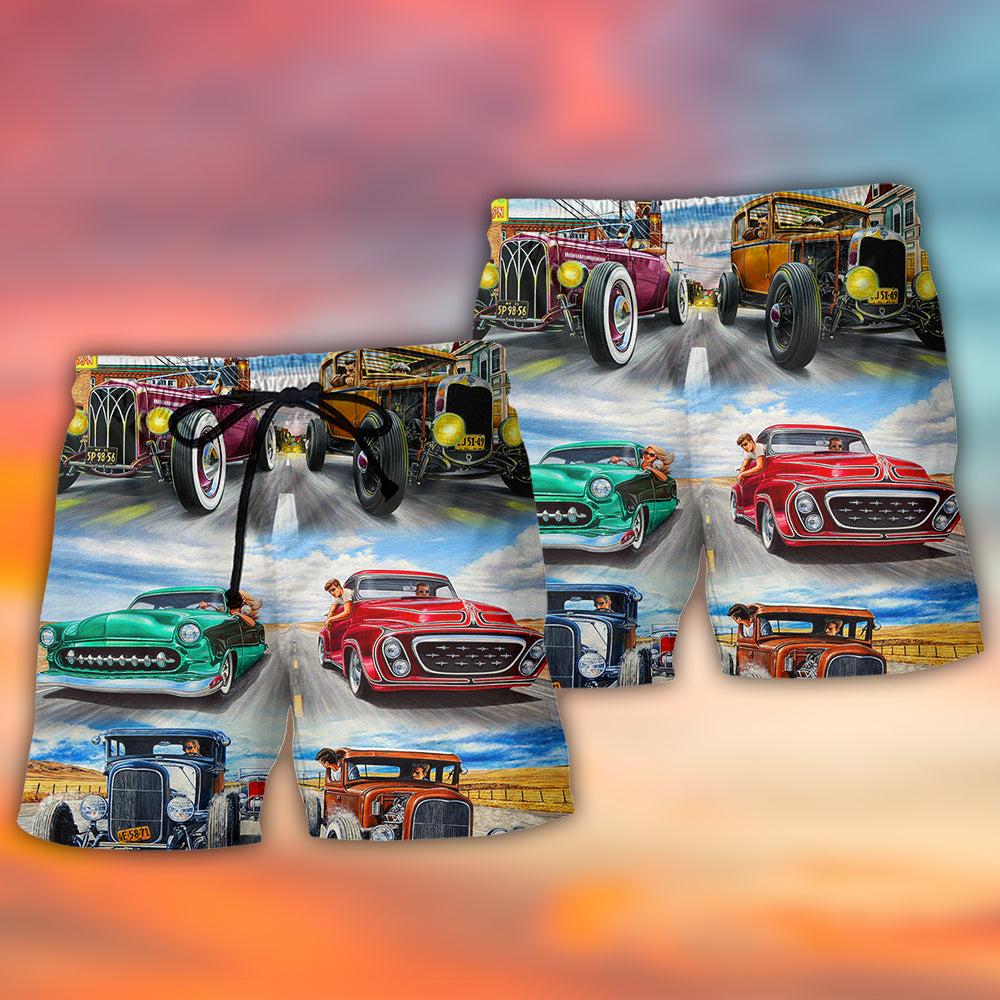 Hot Rod Speed Racing Beach Shorts Artwork View For Seaside Trips And Casual Style