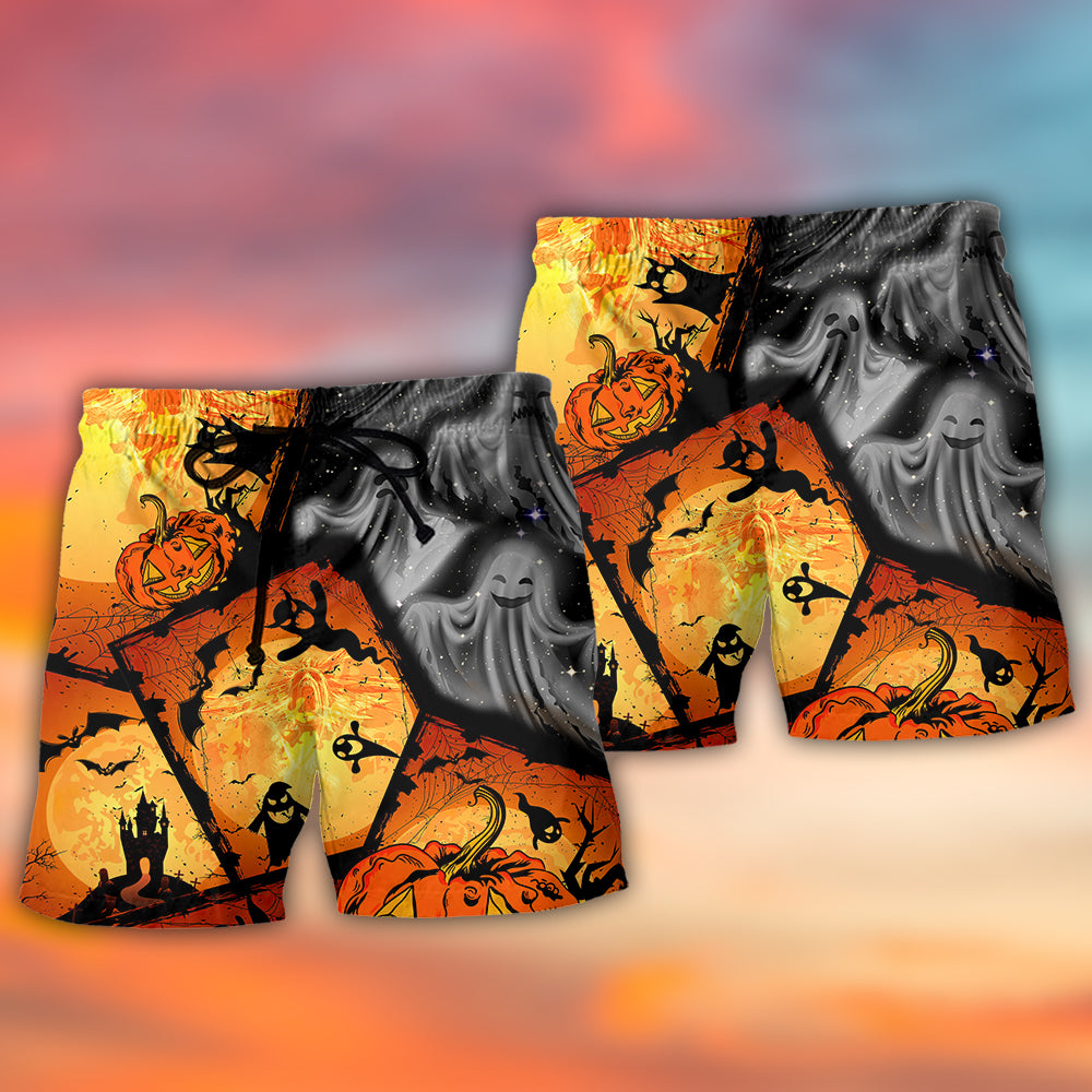 Ghost Pumpkin Halloween Beach Shorts Pattern Detail For Warm Weather Comfort And Laid Back Daily Wear