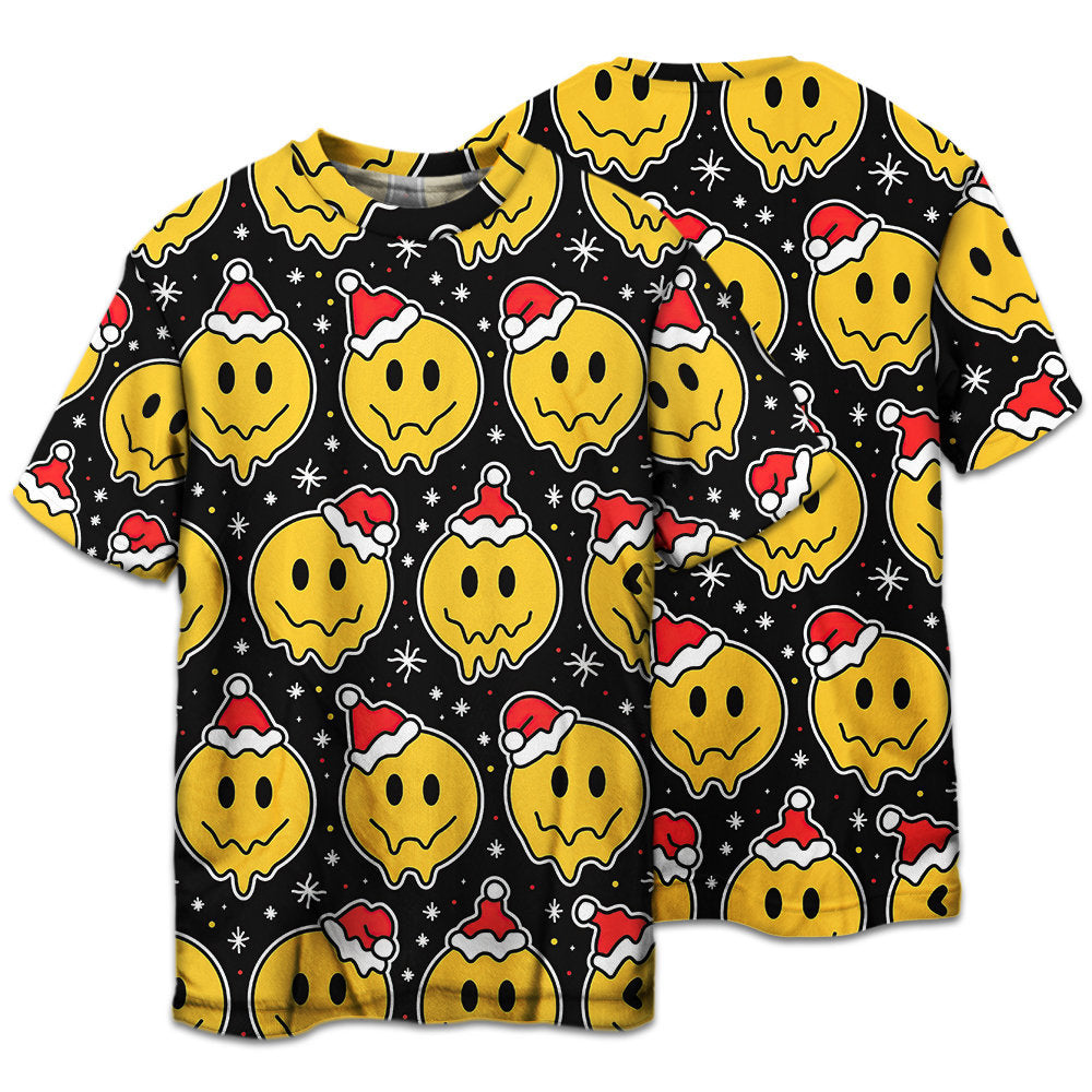 Smiling Face With Santa Hat Christmas Short Sleeve Pajamas Set For Holiday Bedtime And Cozy Home Wear