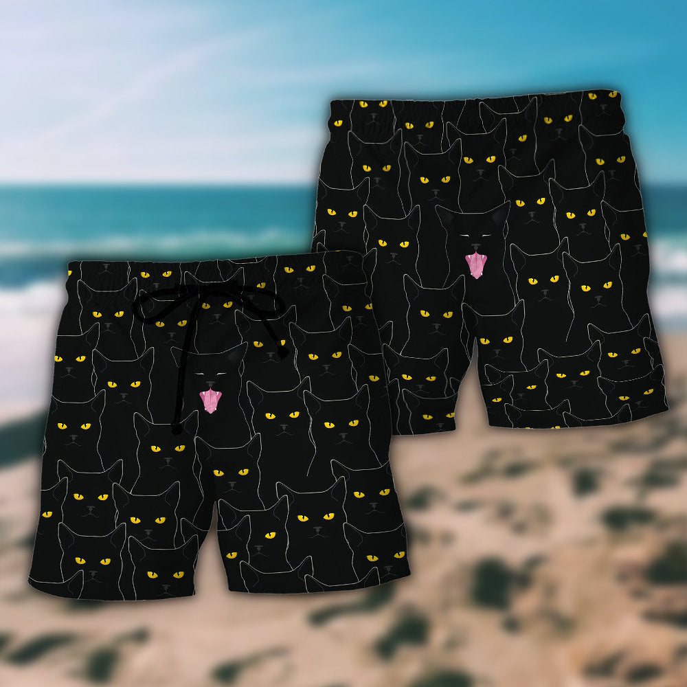 Black Cat Portrait Beach Shorts Pattern Detail For Weekend Travel And Relaxed Casual Style