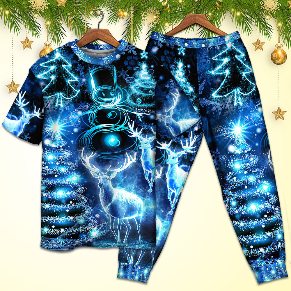 Deer Snowman Christmas Tree Lights Short Sleeve Pajamas Set For Holiday Bedtime And Cozy Home Wear