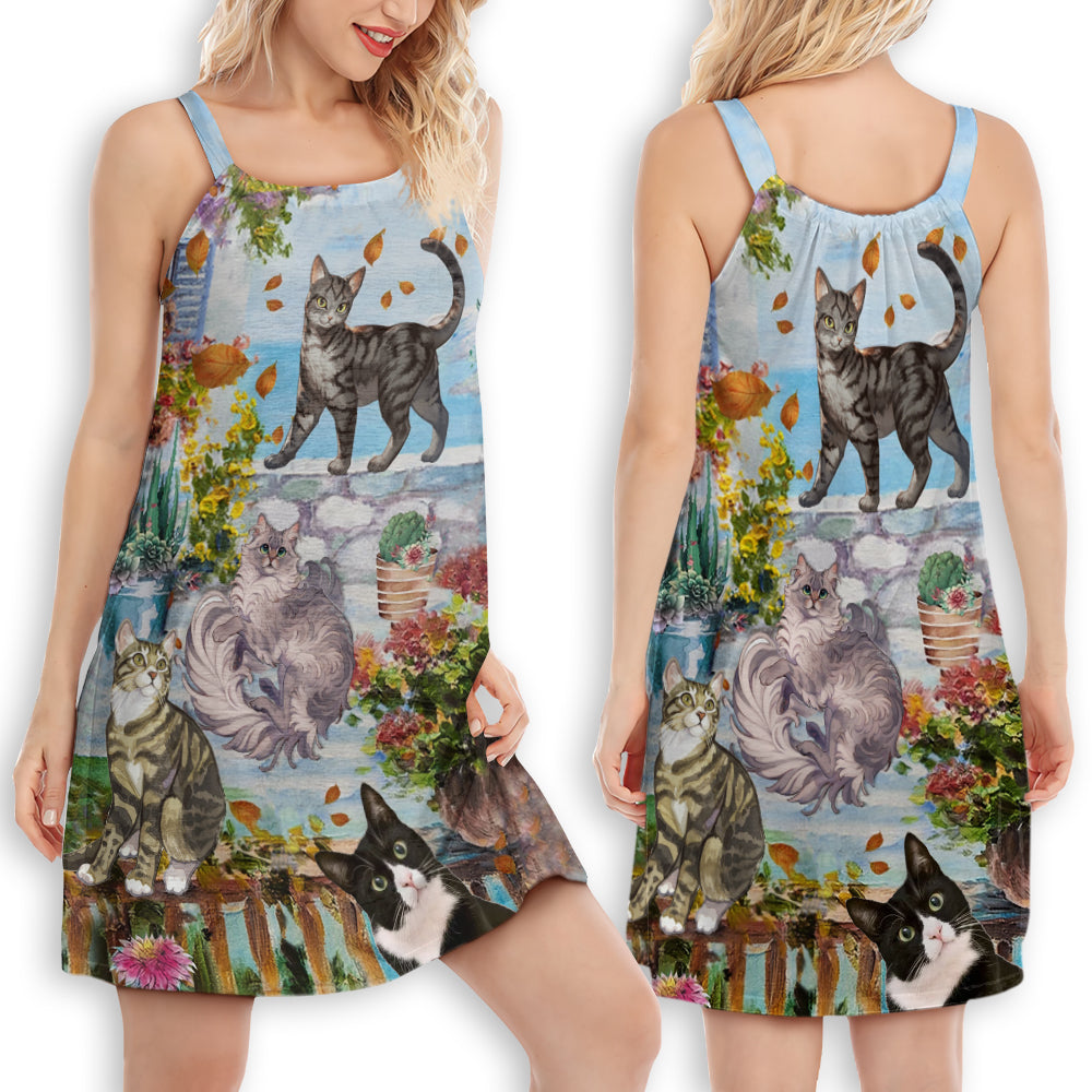 Cat Loves Home And Loves V-Neck Sleeveless Cami Dress For Travel And Comfortable Summer Styling