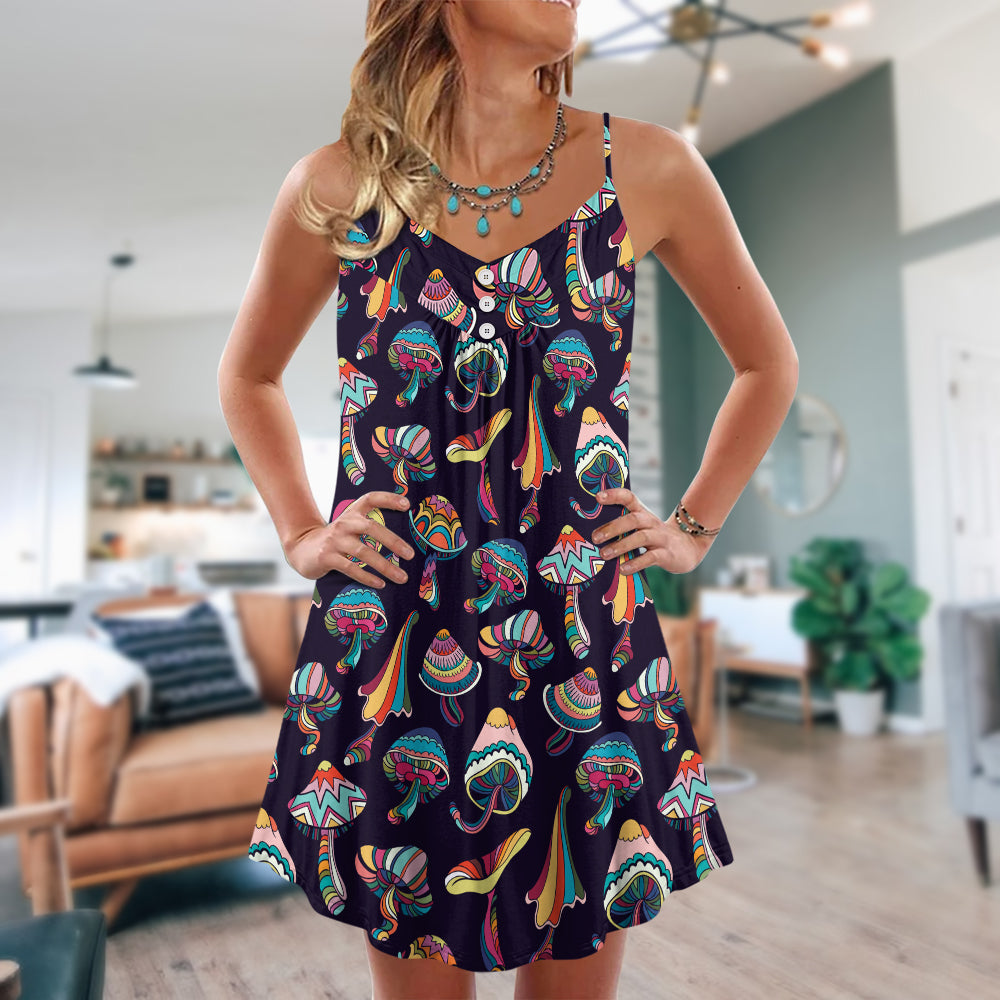 Hippie Mushroom Peace Love Life V-Neck Sleeveless Cami Dress For Festivals Travel And Relaxed Casual Summer Wear
