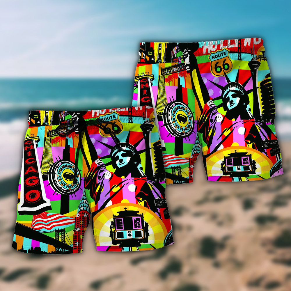 Colorful America Travel Beach Shorts Pattern Detail For Cruise Vacations And Relaxed Casual Style