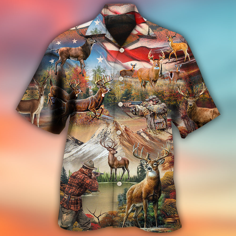 Deer Hunting Independence Day American Flag Hawaiian Shirt For Resort Getaways And Comfortable Summer Activities