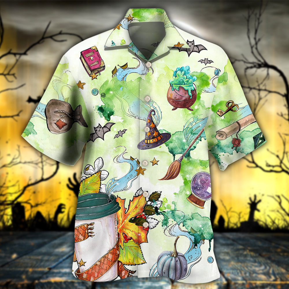 Coffee Halloween Witch Hawaiian Shirt Design View For Casual Summer Styling